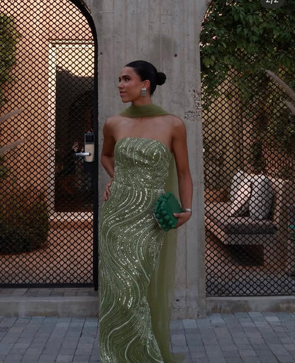 Magnifique Robe de Bal Vert Clair sans Bretelles sans Manches Longueur Ras du Sol pour Femmes Robe de Bal Luxueuse en Cristal Scintillant N2350