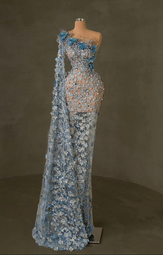 Sexy Schimmerndes Abendkleid mit einer Schulter, ärmellos, blaue Blumen, Abschlussballkleider, Meerjungfrau-Stil, figurbetont für Damen N4066