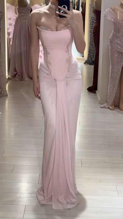 Robe de bal sirène moulante rose sans bretelles sexy pour femmes N4063