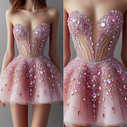 Sparkly Ball Gown Sweetheart Pink Tulle Homecoming Dresses Party Outfit Birthday Dress Cocktail Outfits RB6251