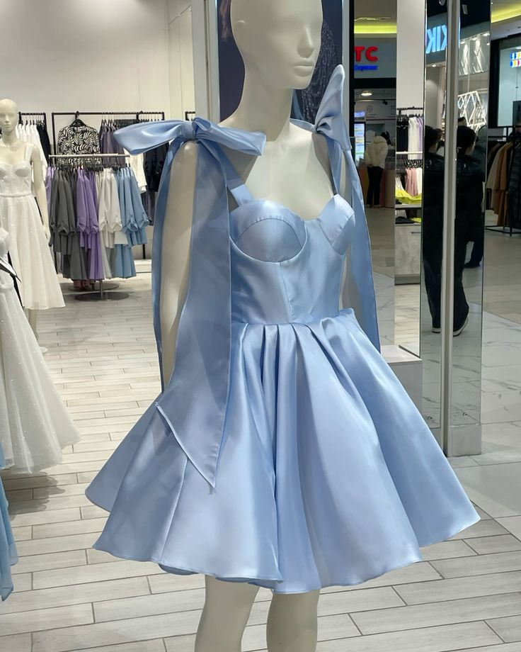 Pretty Ball Gown Spaghetti Strap Blue With Bow Mini Homecoming Dresses Short 18th Birthday Outfits RB4191