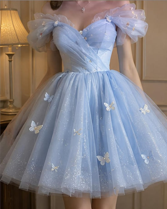 Cute Hoco Dress Homecoming Dresses Ball Gown Off The Shoulder Light Sky Blue Birthday Party Gown RB6317