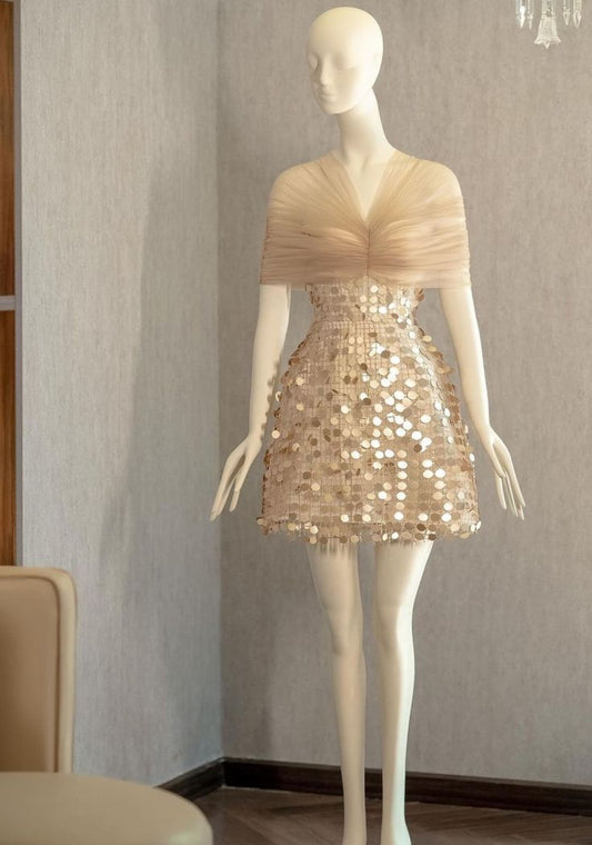 Modest Hoco Dress Homecoming Dresses A line Off The Shoulder Gold Sequin Wear 17th Birthday Party Outfits RB6415