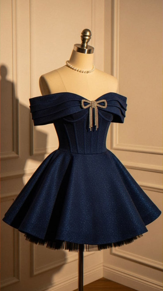 Sparkling Navy Blue Mini Dress Homecoming Dresses 2026 Ball Gown Off The Shoulder Birthday Cocktail Outfits RB6289