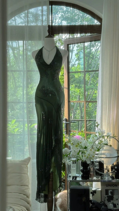 Robe de bal longue en mousseline verte à col licou et perles, élégante robe de soirée verte, tenue de danse N530
