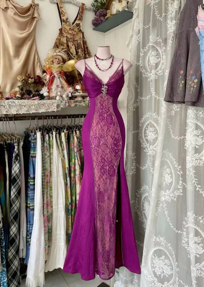 Robe de bal longue bordeaux vintage en dentelle à col en V, style sirène, pour soirée ou danse, référence N535