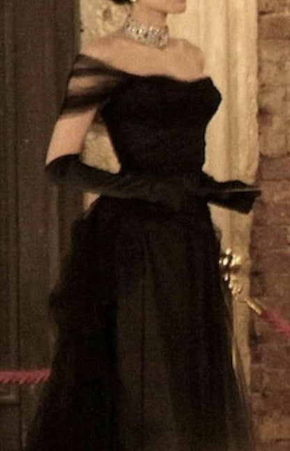 Robe de bal vintage noire pour anniversaire, robe de soirée à épaules dénudées, tenue de bal, robe de cérémonie N532