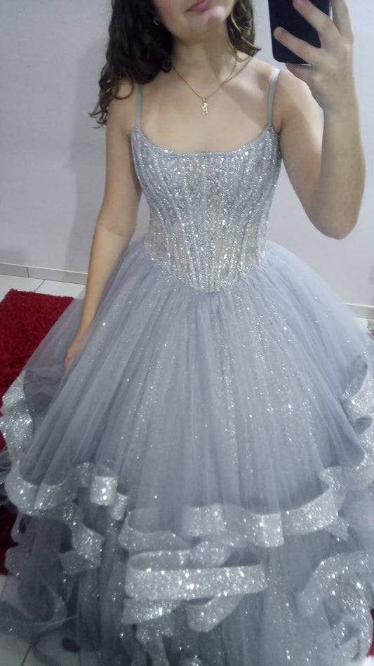 Sweet 16 Ballkleid Spaghettiträger Tüll Ärmellos Hellhimmelblau Quinceañera-Kleid Sweet Sixteen Kleid RB9457