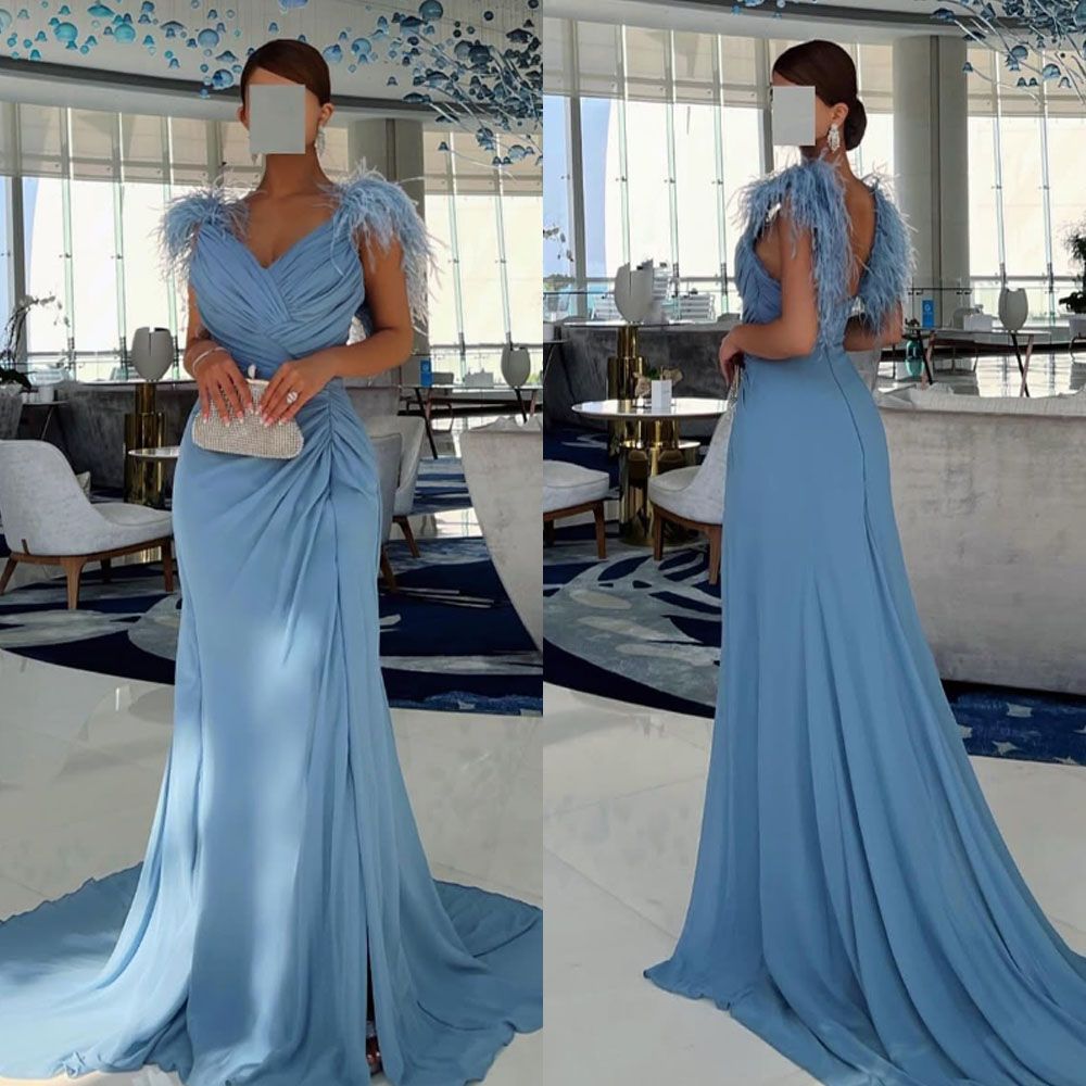 Elegantes, langes Meerjungfrauen-Abendkleid aus blauem Chiffon mit Federn – Inspiration für formelle Anlässe und Partys (AB1232)