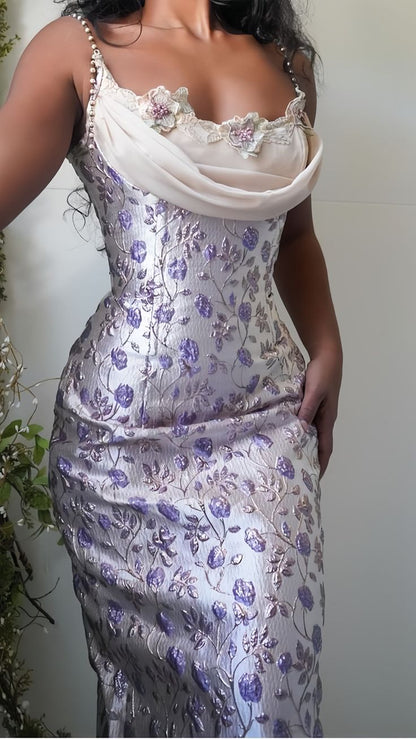 Lila, geblümtes Etuikleid mit Perlenbesatz und Applikationen, Abendkleid für Damen AB1460