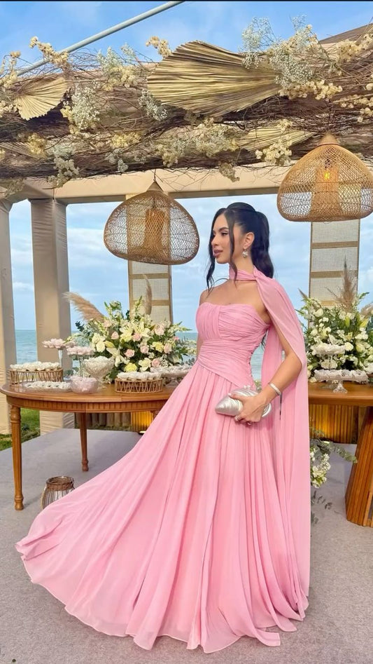 Einfaches, trägerloses, langes, rosa Chiffon-Abendkleid in A-Linie mit Schal, ideal als Hochzeitsgastkleid oder Partykleid N284