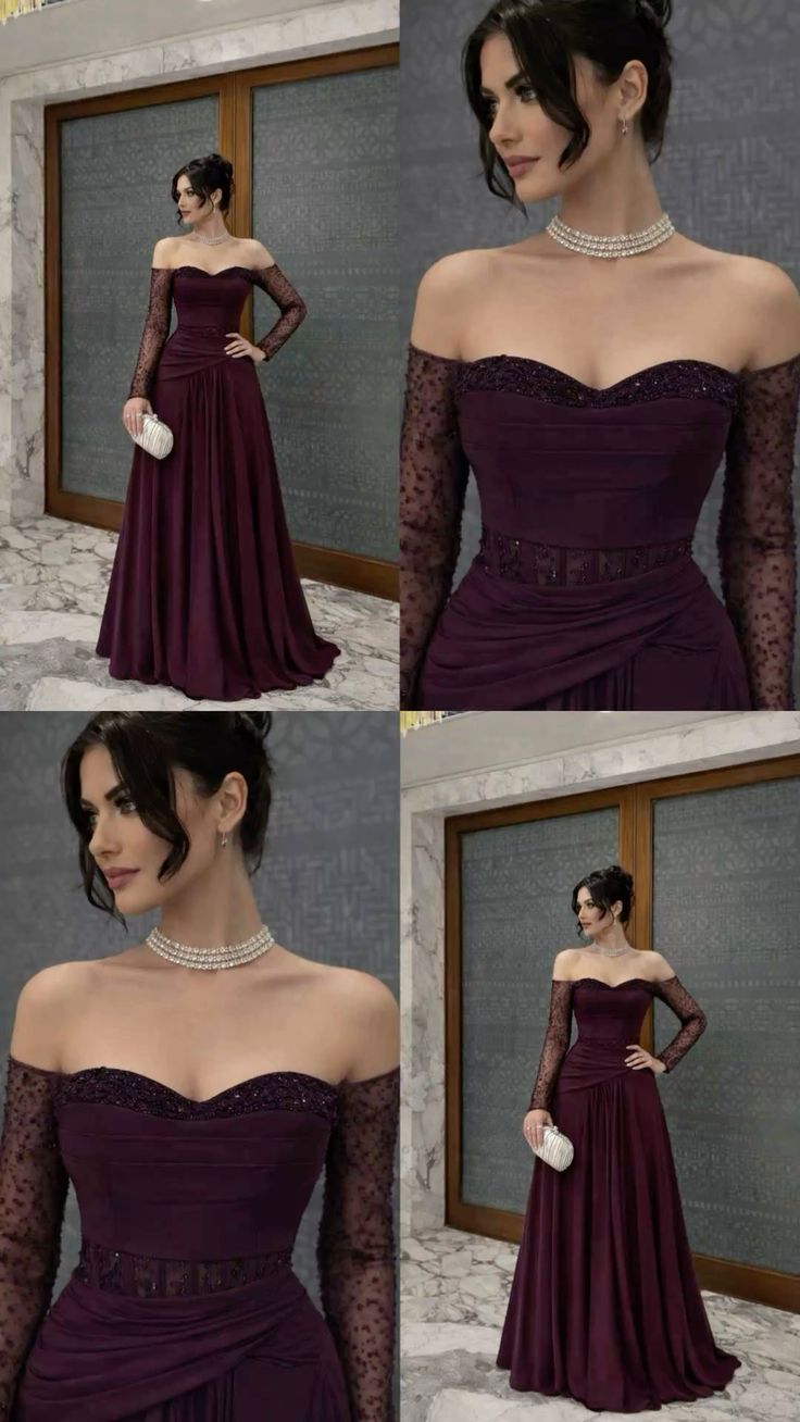 Robe de bal longue sexy à épaules dénudées, couleur raisin, ornée de perles et de manches, idéale pour les soirées formelles et les mariages (N365)