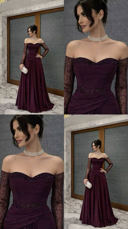 Robe de bal longue sexy à épaules dénudées, couleur raisin, ornée de perles et de manches, idéale pour les soirées formelles et les mariages (N365)