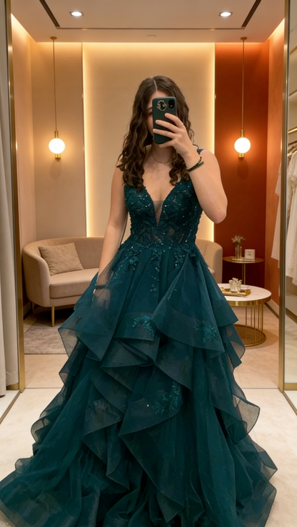 Elegantes Ballkleid mit V-Ausschnitt, dunkelgrünem Tüll und Applikationen, Abiballkleid, Partykleid, langes Abendkleid AB2153