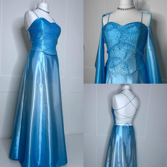 Vintage Y2K A-Linie 2000er Blau Ombre Abendkleid Farbverlauf Spaghettiträger Festliches Kleid 21. Geburtstag Abschlussballkleider N2412