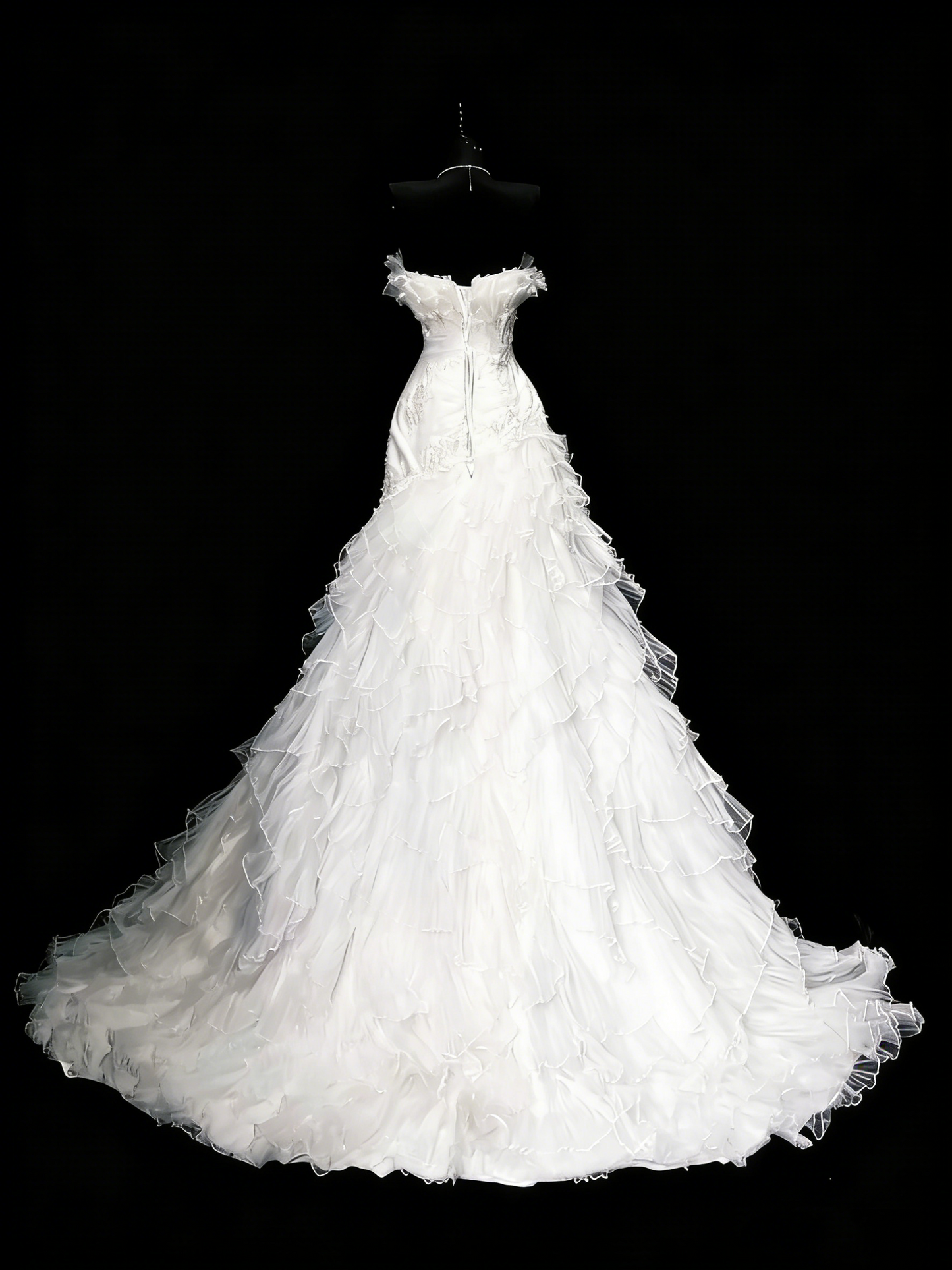 Robe de mariée vintage années 80, sirène, bustier, tulle blanc, fronces, longue, cintrée, N1208