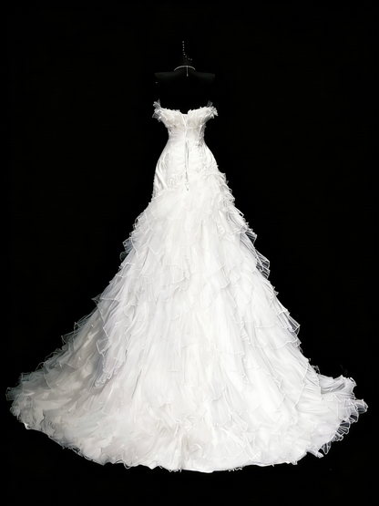 Robe de mariée vintage années 80, sirène, bustier, tulle blanc, fronces, longue, cintrée, N1208