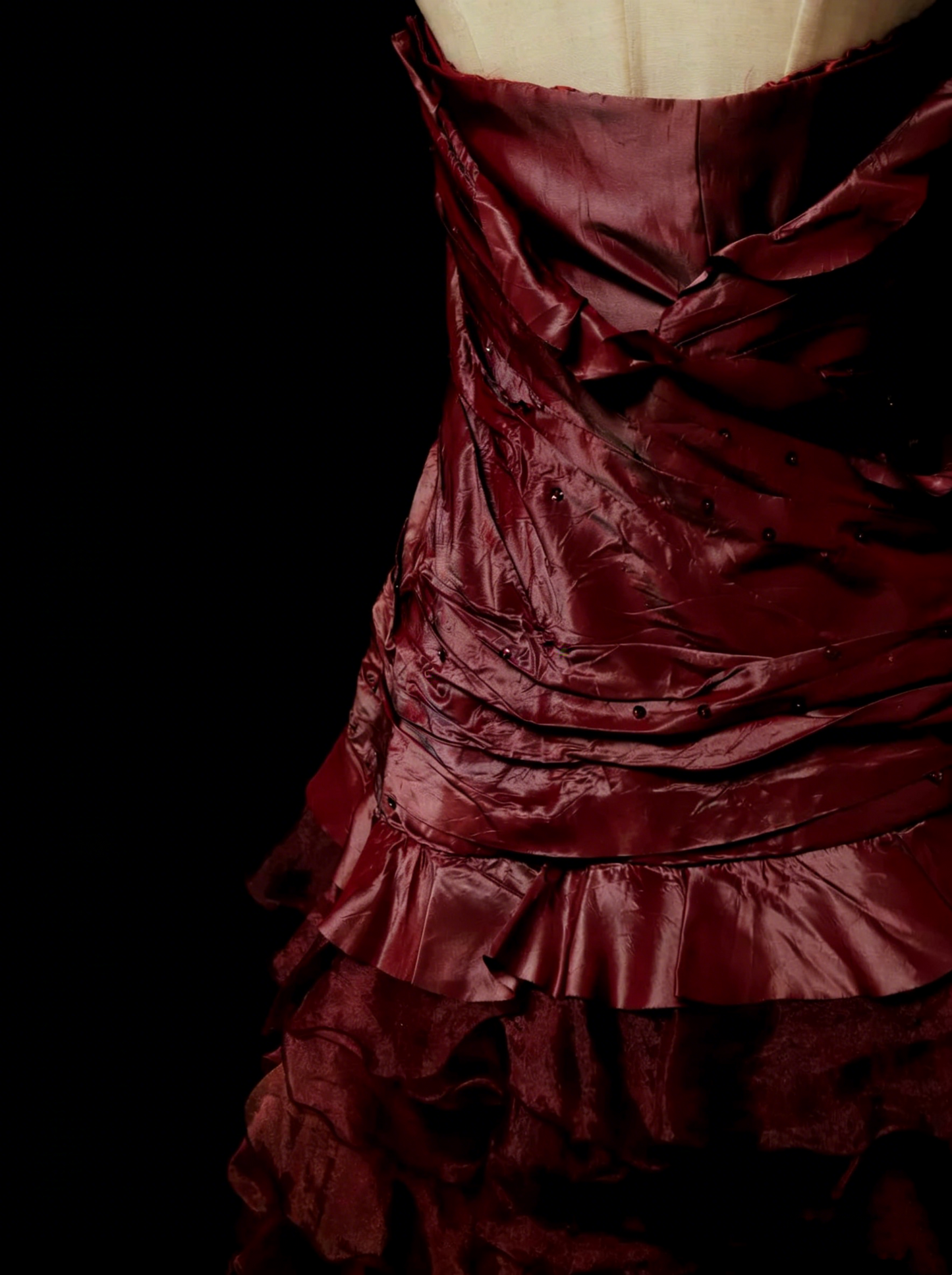 Jolie robe de soirée bustier bordeaux avec volants, longues robes de bal N2141