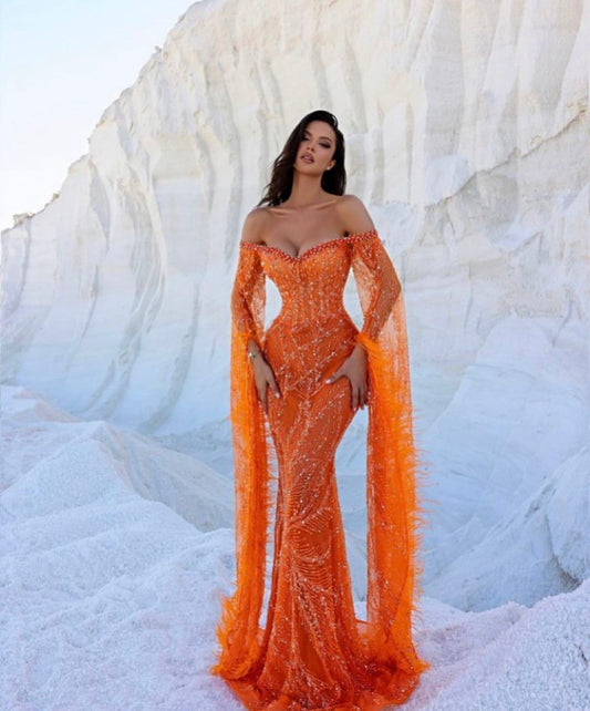 Elegant Formal Prom Dress Floor Length Orange Off The Shoulder Feathers Mermaid Evening Gown for Special Occasions RC0162