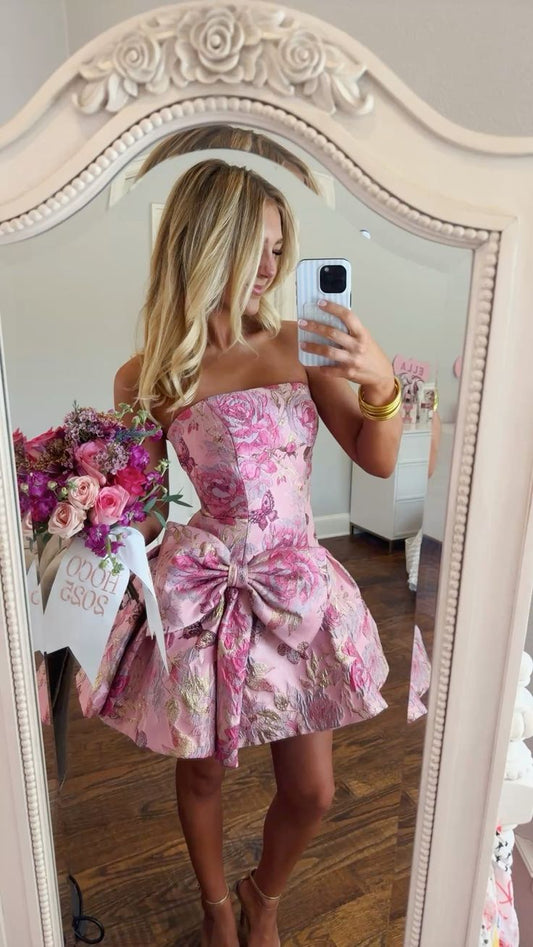Cute Ball Gown Strapless Floral Pink Satin Hoco dress inspo Short Homecoming Dresses 2026 RB6047