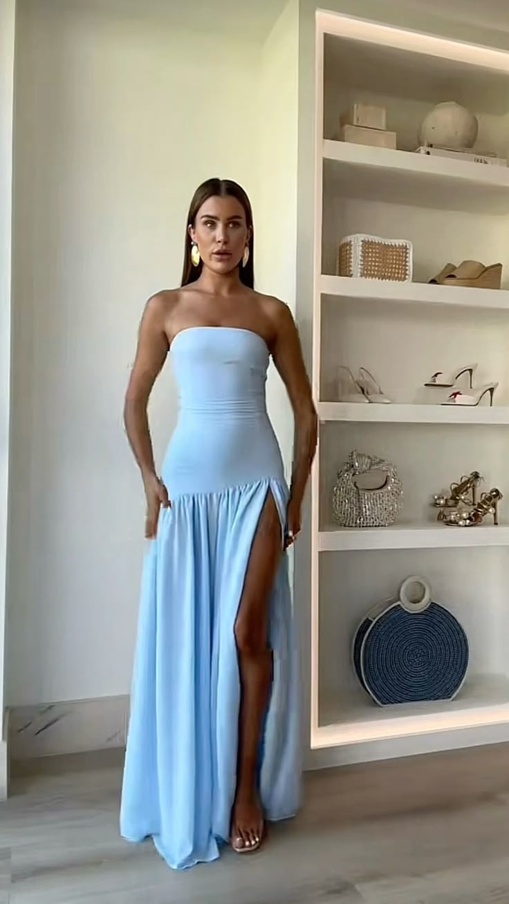 Robe de bal longue sirène bleu clair sans bretelles fendue, robe de soirée vintage AB1667