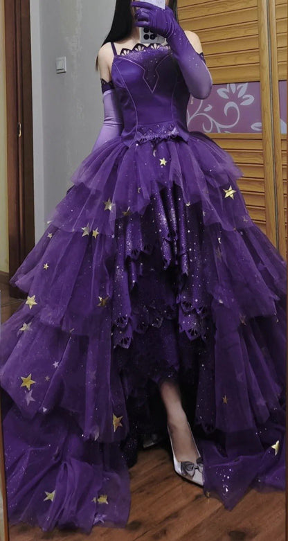 Princess High Low Strapless Purple Satin With Lace Prom Dresses Long Party Dress Grad Formal Evening Gowns AB2171