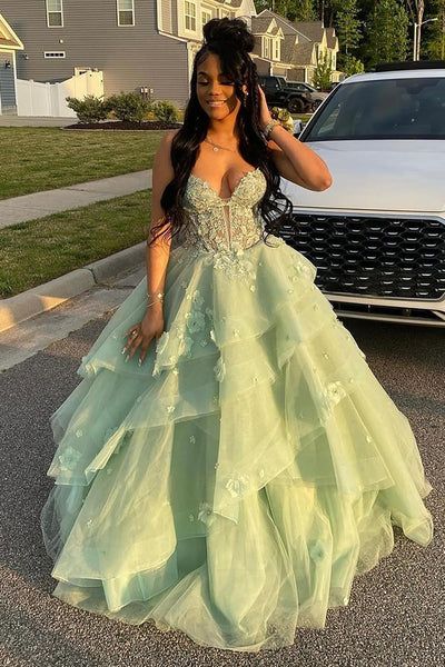 Elegantes salbeigrünes Ballkleid mit floralem Stufenrüschenbesatz, herzförmigem Ausschnitt und Korsett, langes Abendkleid AB481