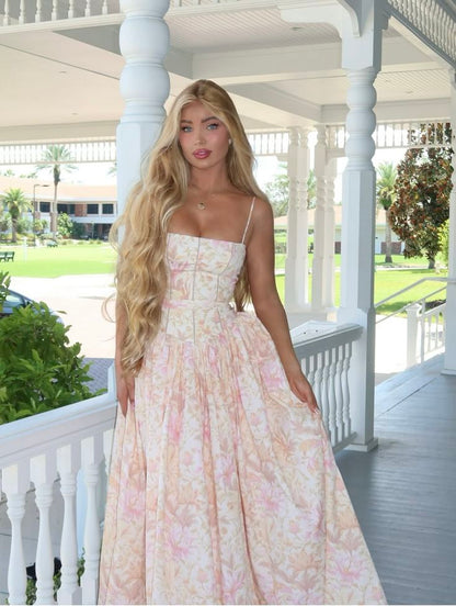 Spaghettiträger, rosa geblümtes Satin-Abendkleid in A-Linie, langes formelles Partykleid für Teenager, Abiballkleid AB625