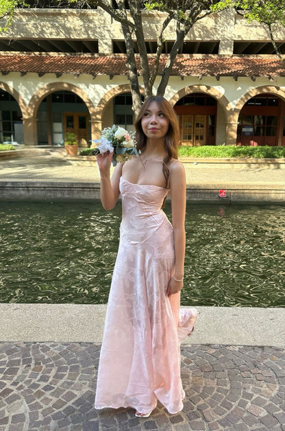 Langes, rosafarbenes Spitzenkleid mit Spaghettiträgern für Teenager, Abiballkleid AB623