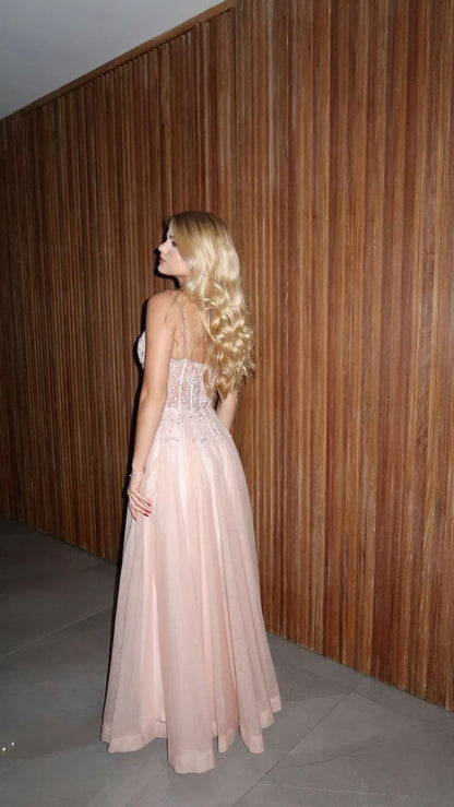 Robe de soirée longue en tulle rose à fines bretelles et corset, dos ajusté, coupe trapèze, idéale pour les adolescentes (AB626)