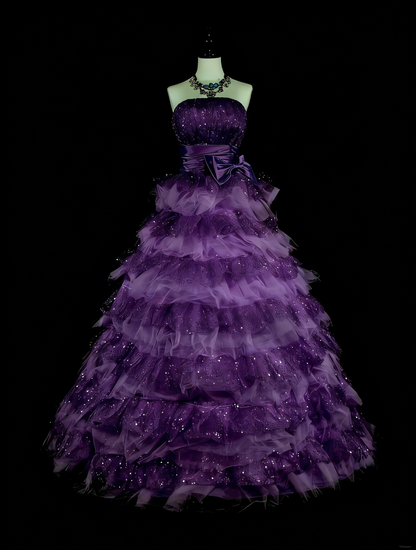 Robe de bal vintage bustier en tulle violet à volants, robe de quinceañera longue (taille 15) - N1496