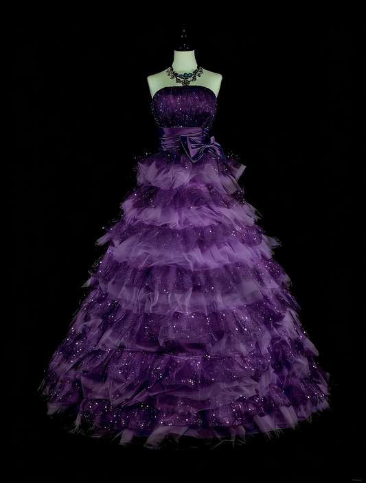 Vintage Ball Gown Strapless Purple Tulle Tiered Layers Sweet 16 Dresses Quinceanera Dress Long 15 Vestidos De Fiesta N1496