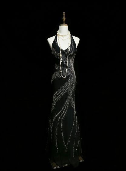 Vintage Mermaid V Neck Black With Beading Summer Formal For Women Girls Teens Prom Dresses N2232