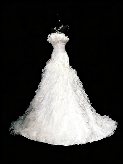 Robe de mariée vintage années 80, sirène, bustier, tulle blanc, fronces, longue, cintrée, N1208