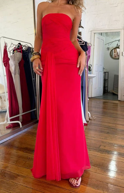 Robe longue sirène bustier rouge en mousseline, inspiration été-printemps, idéale pour les invités de mariage et les anniversaires (N1569)