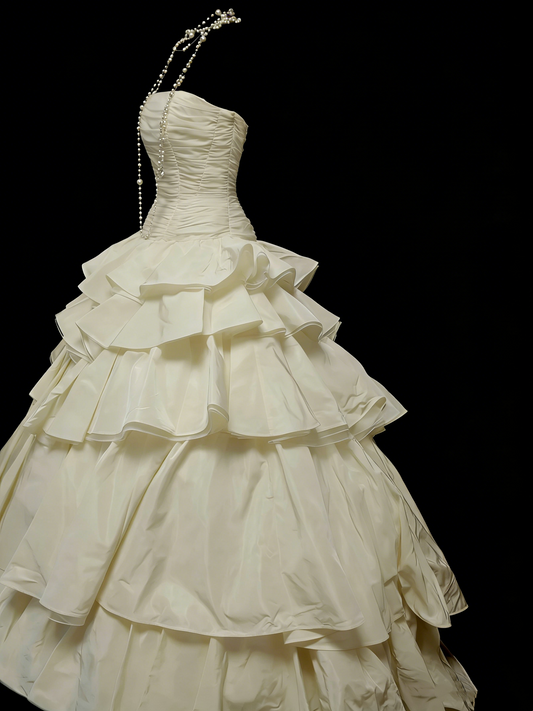 Vintage-Abendkleid im Stil der 80er Jahre, trägerlos, elfenbeinfarbener Satin, College-Stil, formelles Outfit für Teenager, Sweet-16-Abendkleid, langes Ballkleid für Teenager, N1161