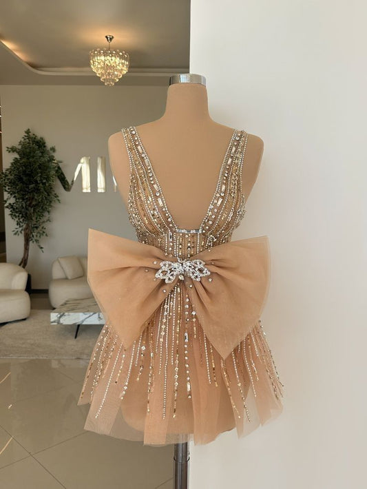 Sparkling Champagne Mini Dress Homecoming Dresses 2026 A line V Neckline Birthday Cocktail Outfits RB6296