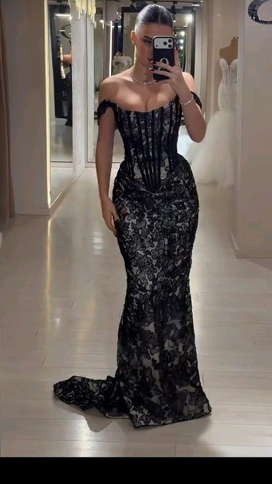 Black Mermaid Prom Dress Off Shoulder Lace Floor Length Graduation Party Dress RC0198