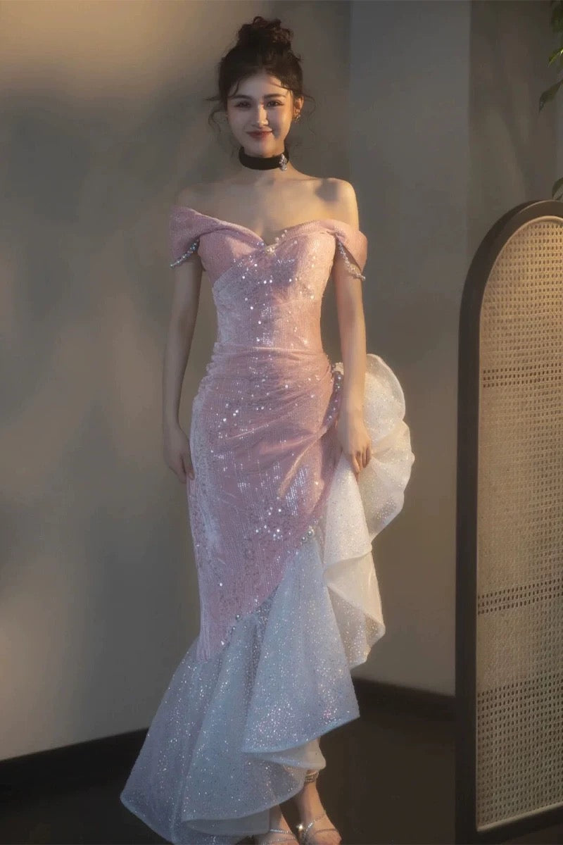 Elegantes Meerjungfrauen-Kleid, schulterfrei, Pink mit kurzen Ärmeln, formelles Kleid, Pailletten, Geburtstag, Abschlussballkleider N2816