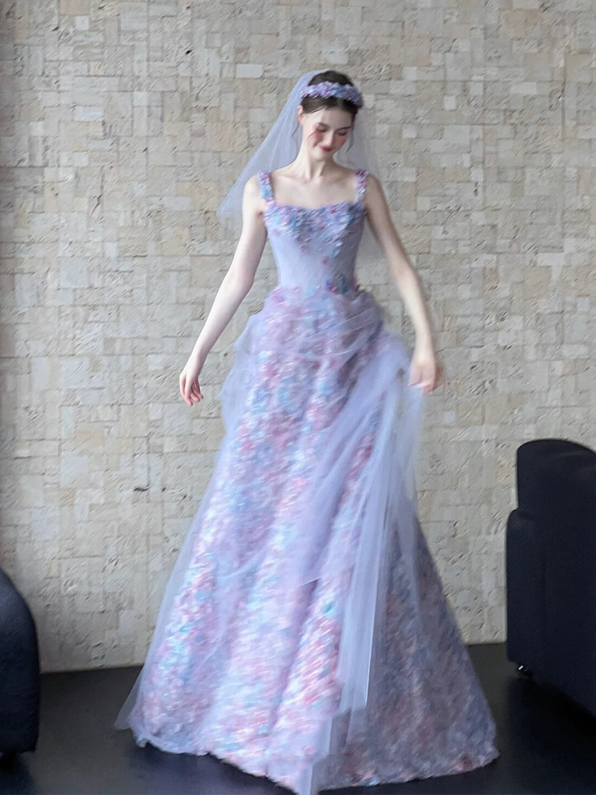 Robe de bal princesse à col carré, dentelle lilas à motifs floraux, longue, style tendance pour adolescentes, robe de soirée, tenue de bal AB2222