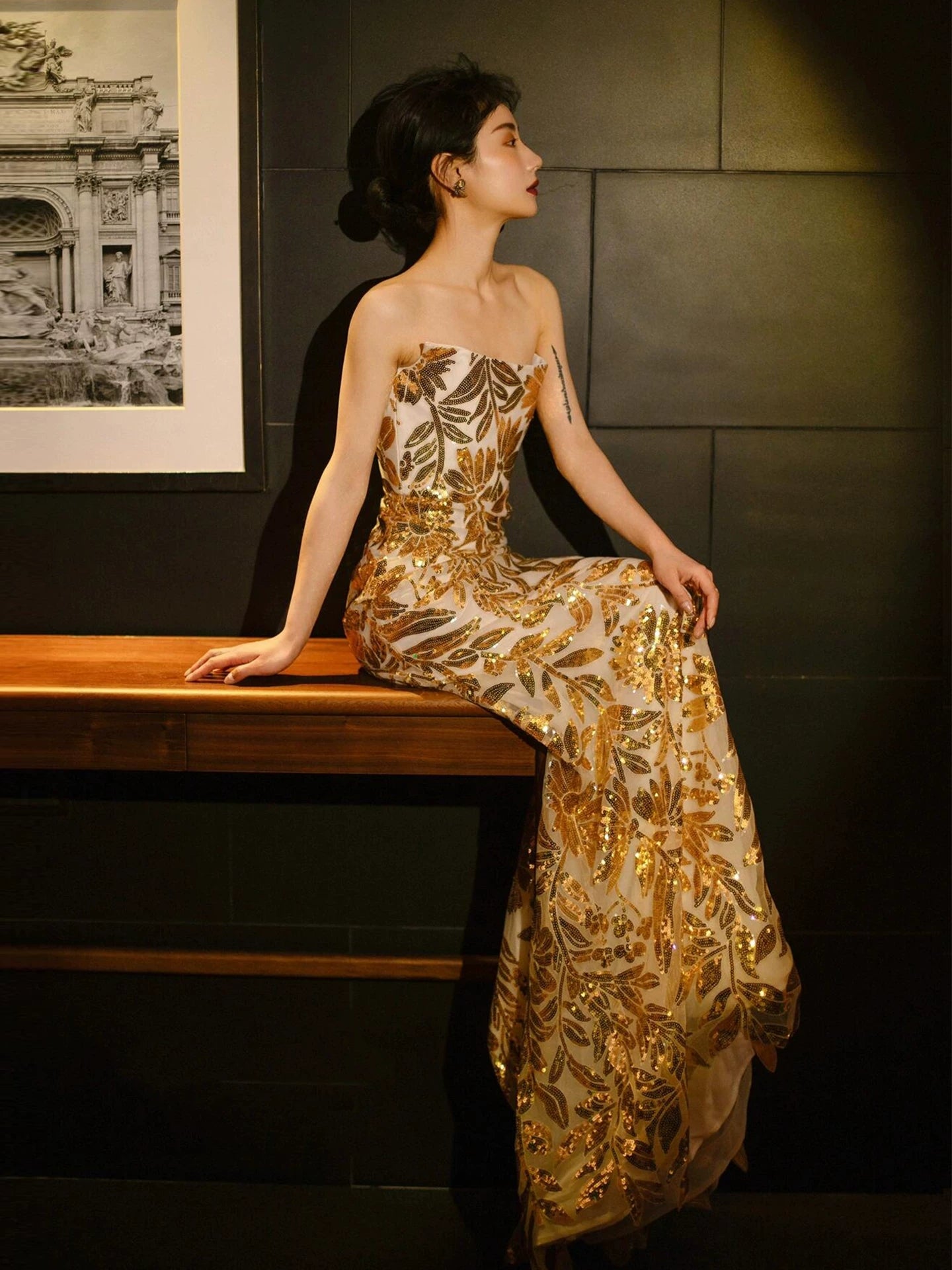 Robe de bal sirène dorée sans bretelles à paillettes, inspiration pour une longue soirée, tenue pour un 18e anniversaire AB2220