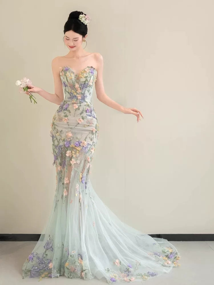 Prinzessin Meerjungfrauen-Abendkleid mit herzförmigem Ausschnitt, Spitze und Blumenmuster, langes Ballkleid, modische Ästhetik für Teenager, formelle Kleider, Party-Outfits, Ballkleid AB2221