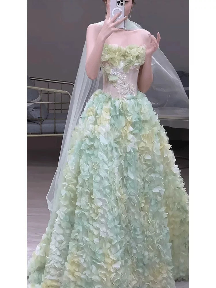 Robe de bal de princesse bustier en tulle vert à fleurs avec foulard, style tendance pour adolescentes, tenue de soirée, robe de bal AB2216