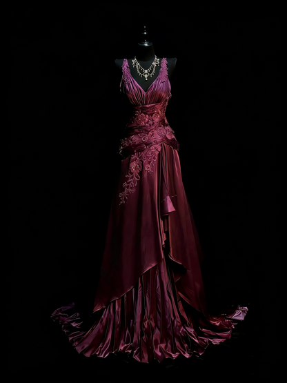 Robe de bal longue vintage en satin raisin, coupe trapèze, col en V, ornée de perles et de dentelle, longueur au sol, référence N1202