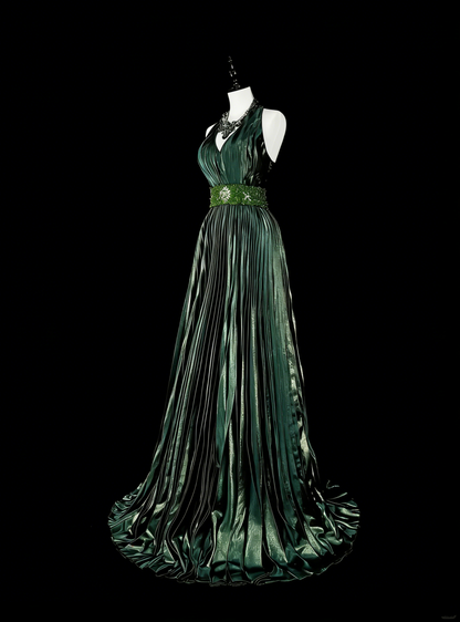 Robe de bal longue vintage années 80, plissée, sans manches, coupe trapèze, dos nu, ornée de perles, N1465