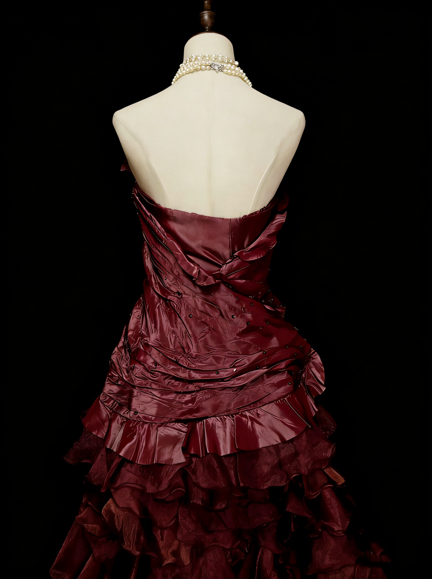 Jolie robe de soirée bustier bordeaux avec volants, longues robes de bal N2141