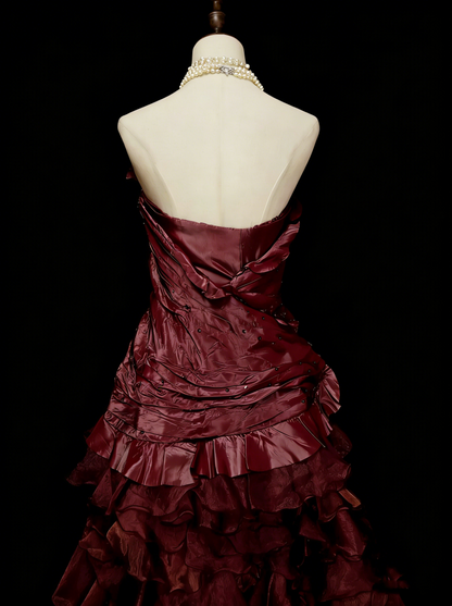 Jolie robe de soirée bustier bordeaux avec volants, longues robes de bal N2141