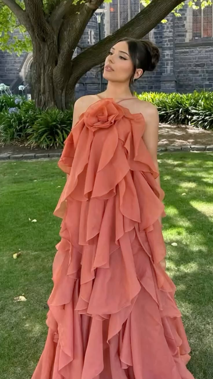 Robe longue de plage à volants pour femme avec fleurs 3D, dos nu, sans manches, coupe slim, maxi, trapèze, pour bal de promo N2352