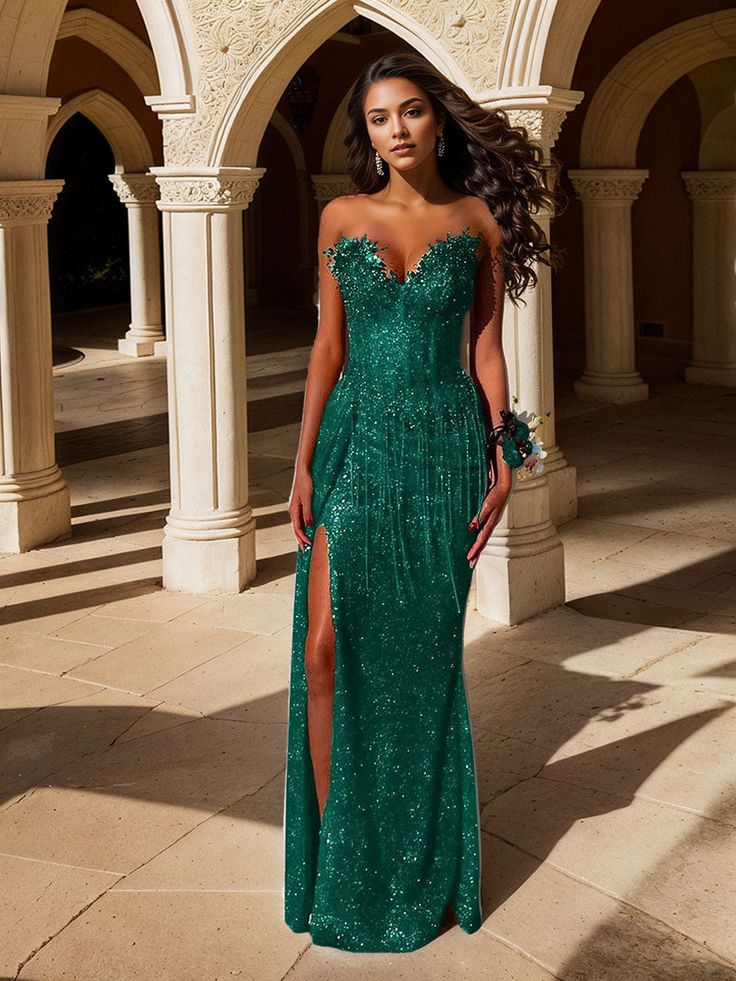 Rotes, trägerloses Pailletten-Abendkleid mit Perlenfransen an der Taille und hohem Schlitz für Damen AB1546