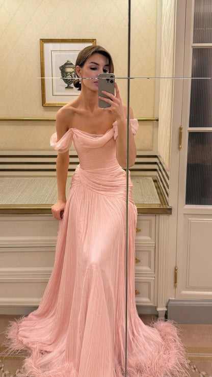 Elegant Off The Shoulder Pink Evening Prom Dresses Chiffon Pleated Party Dress Formal Dress N586